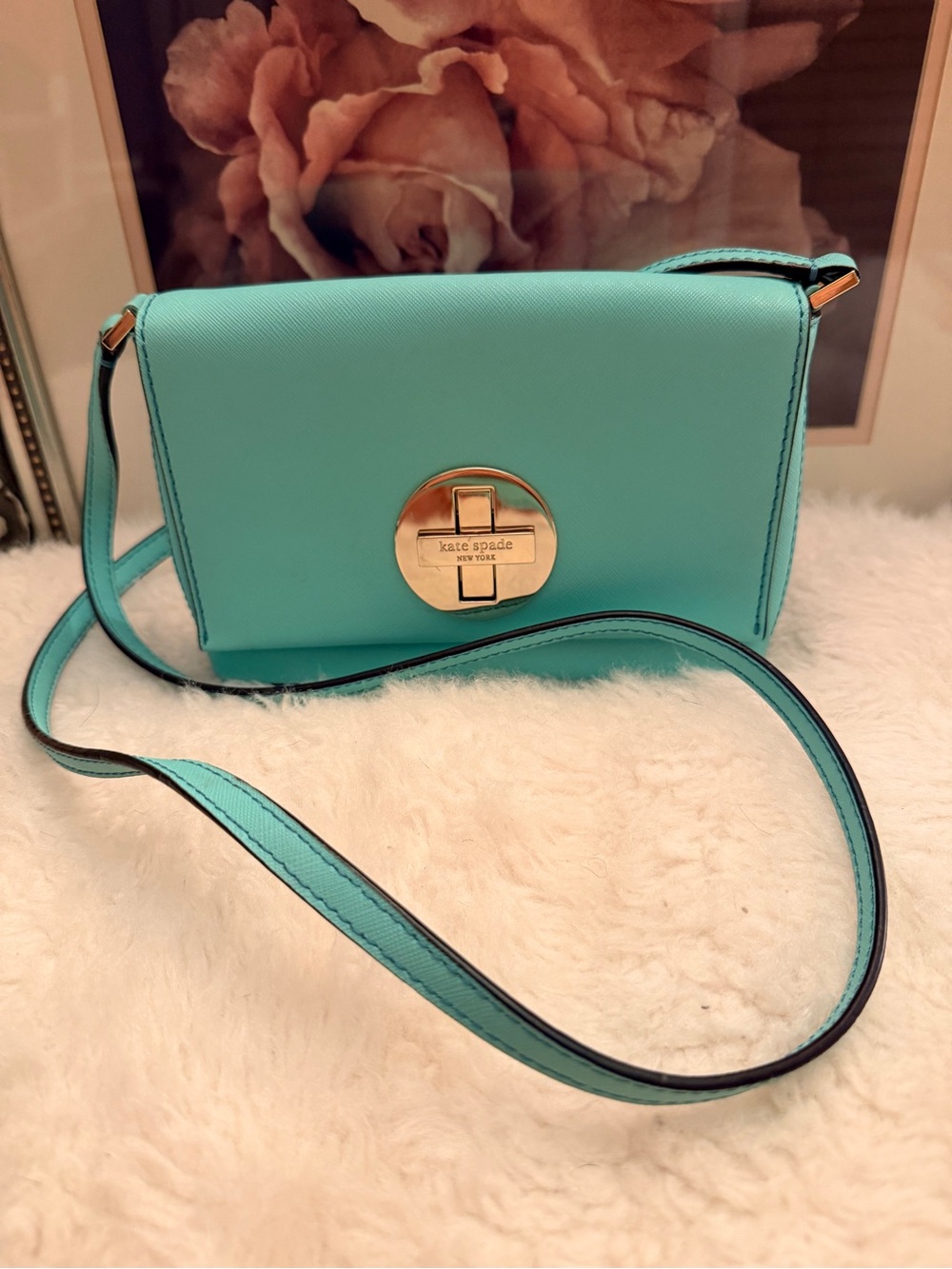 Kate Spade Mint Green Leather Crossbody Bag w/Multicolored Striped Interior GUC - Picture 4 of 16